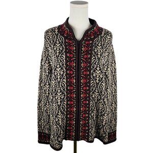 Nomadic Traders XL Black/Red Cardigan Sweater Fair Isle Zip Boho Folk
